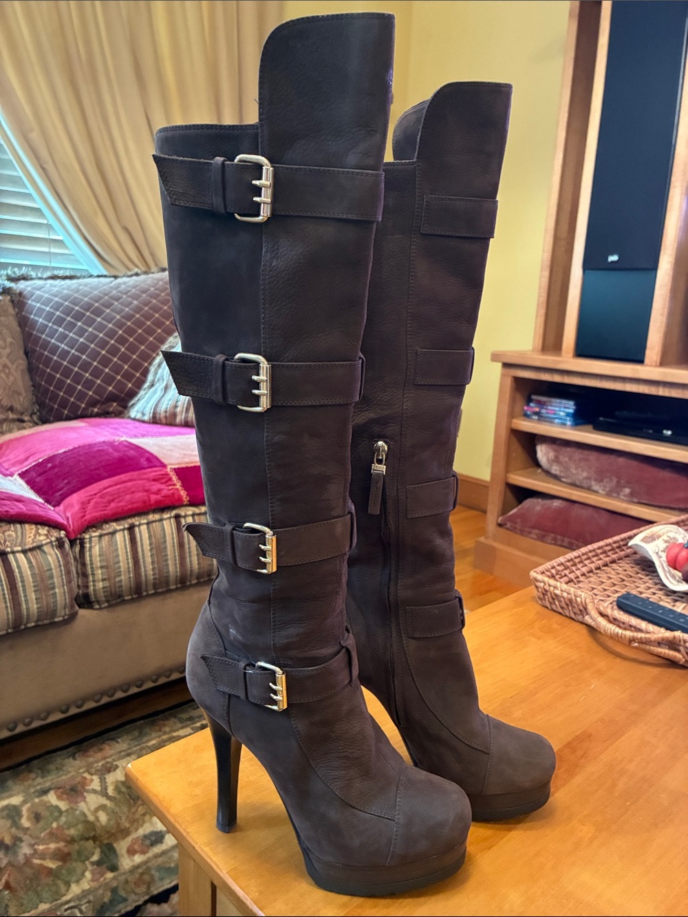 Fendi Tall Secy Women's Buckle Platform Boots in Dark Brown suede size. 38